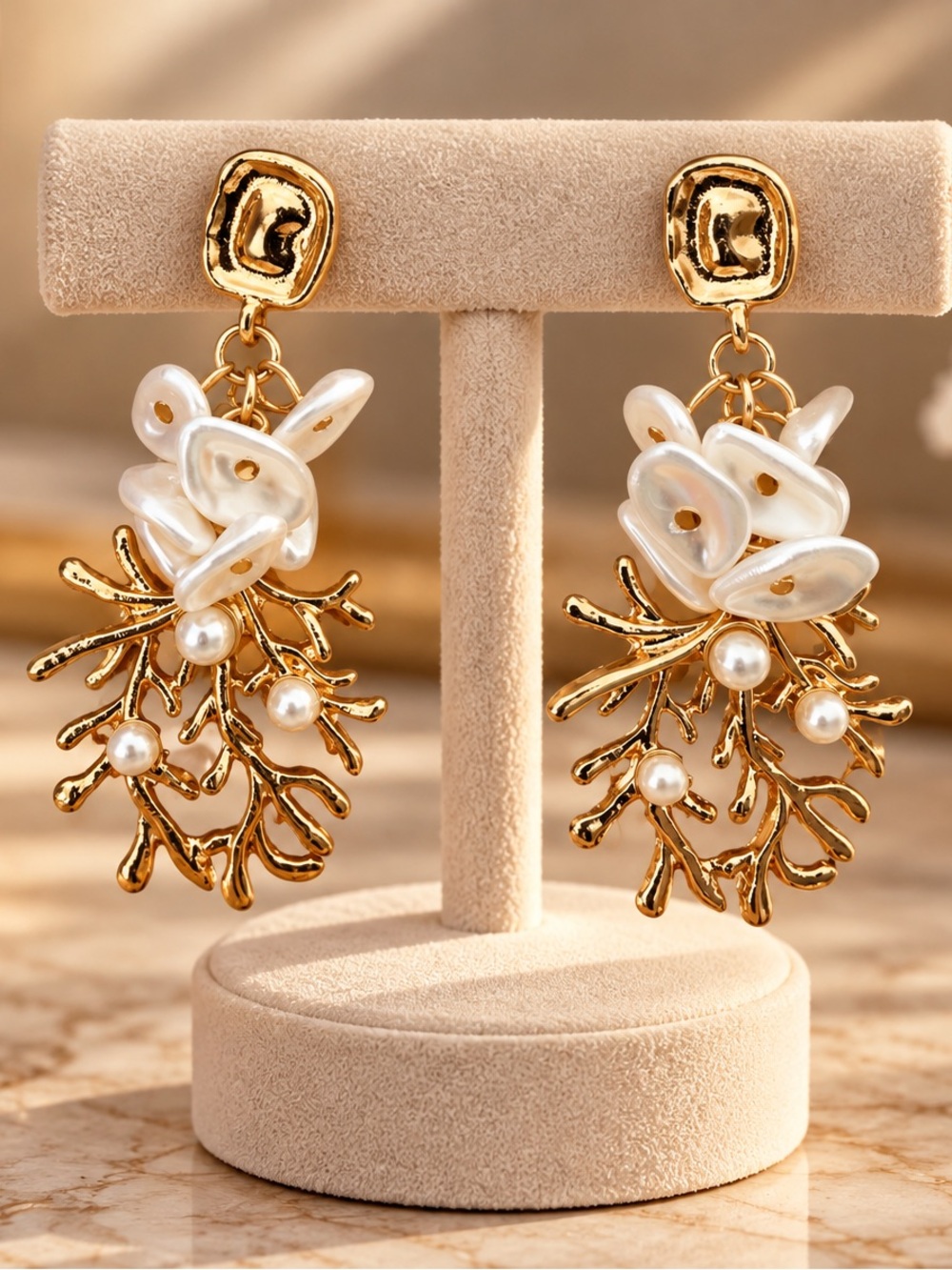 Anthropologie Gold-tone Drop Earrings with White Pearl Details